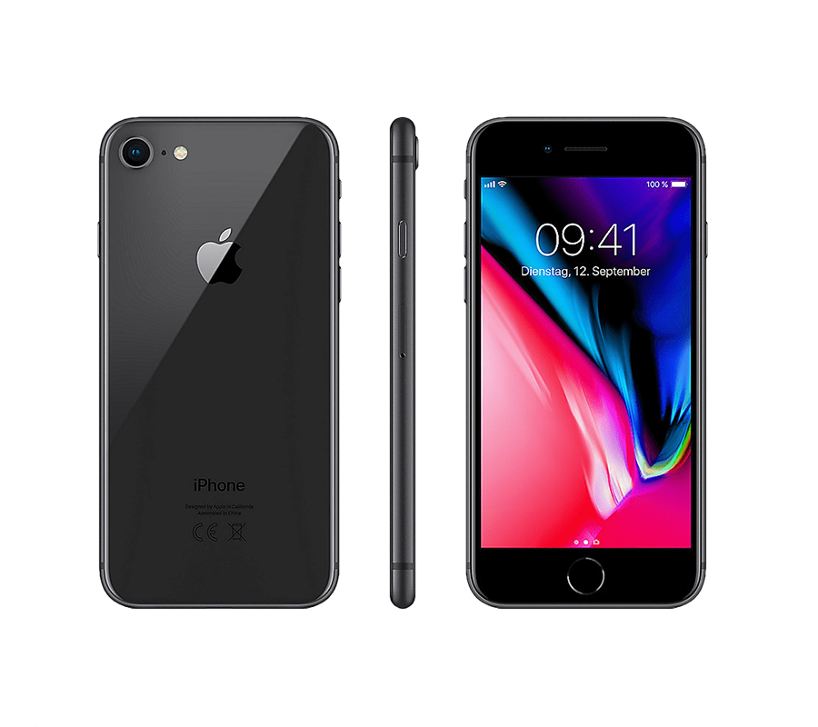 iPhone 8 front view, back view and side view