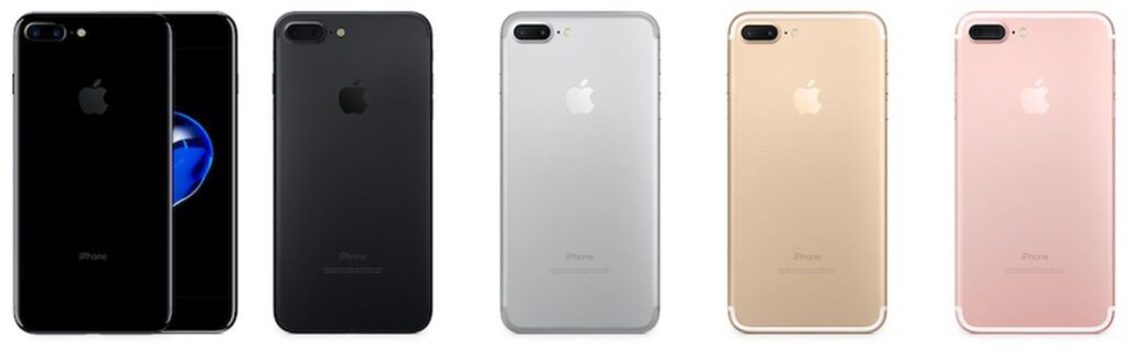 iPhone 7 Plus colors displayed in a row. starting with the black color, followed by the s