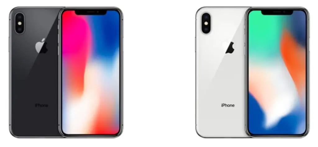 Showing image of iPhone X in its two color variations. The iPhone X Space gray is displayed on the left side showing its front and back, and the iPhone X silver is displayed on the right hand side, showing its front and back 